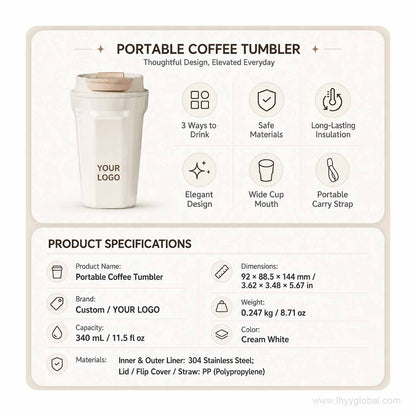 Custom logo 340 mL coffee tumbler specification graphic showing capacity, dimensions, weight, color and materials.