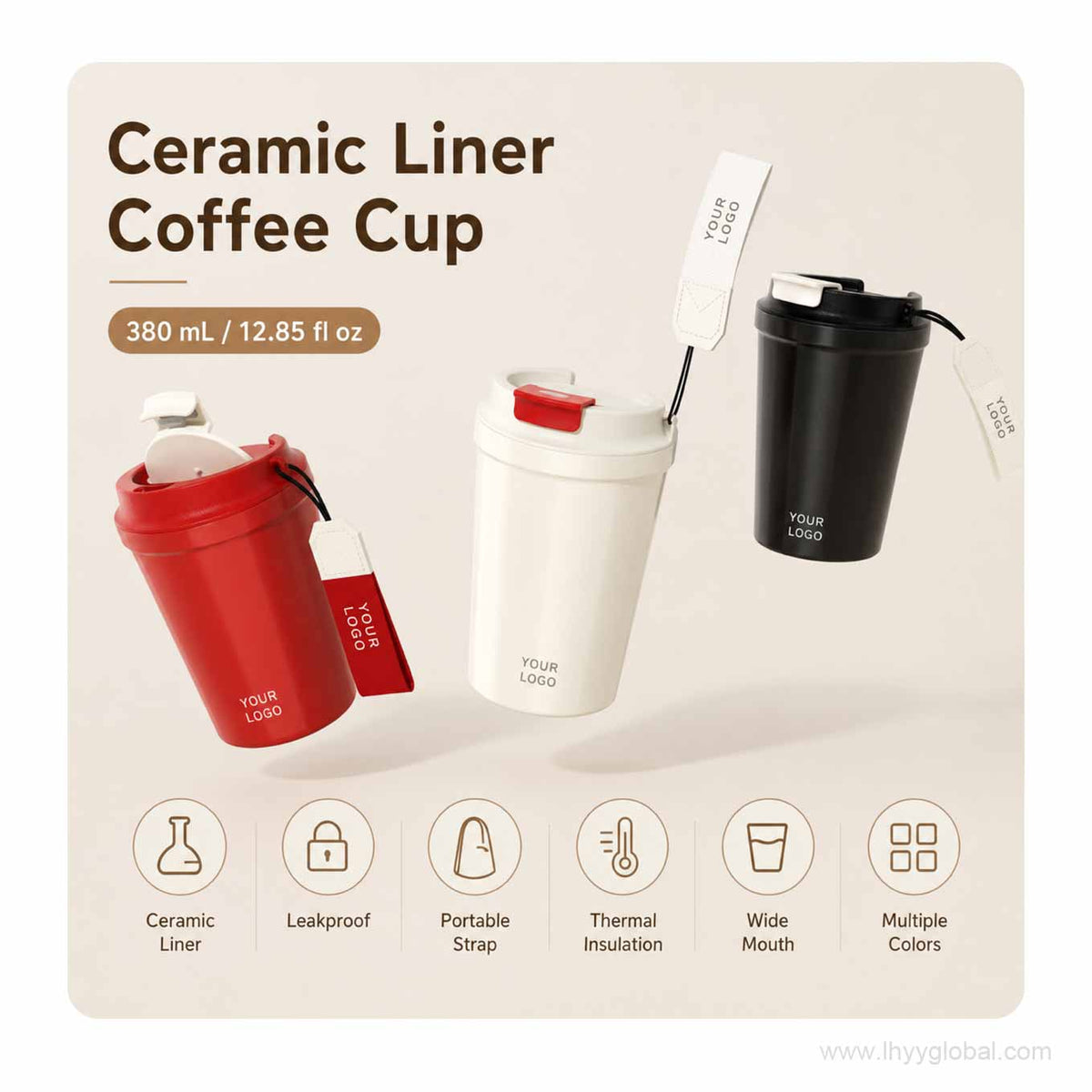 Custom logo 380 mL ceramic-lined travel coffee cup shown in red, cream white, and black.