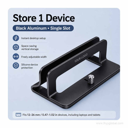 Custom logo adjustable aluminum vertical laptop stand in black, single-slot version for vertical device storage