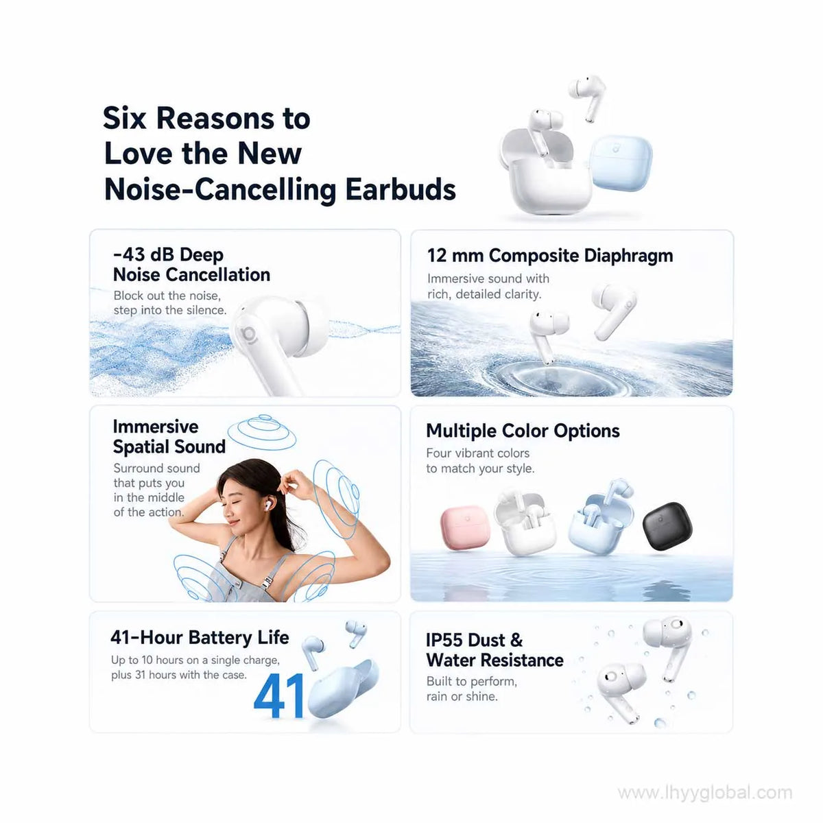 Custom logo Baseus wireless earbuds showing 43 dB ANC, 12 mm driver, four colors, 41-hour battery, and IP55 rating