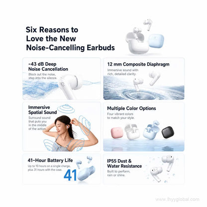 Custom logo Baseus wireless earbuds showing 43 dB ANC, 12 mm driver, four colors, 41-hour battery, and IP55 rating
