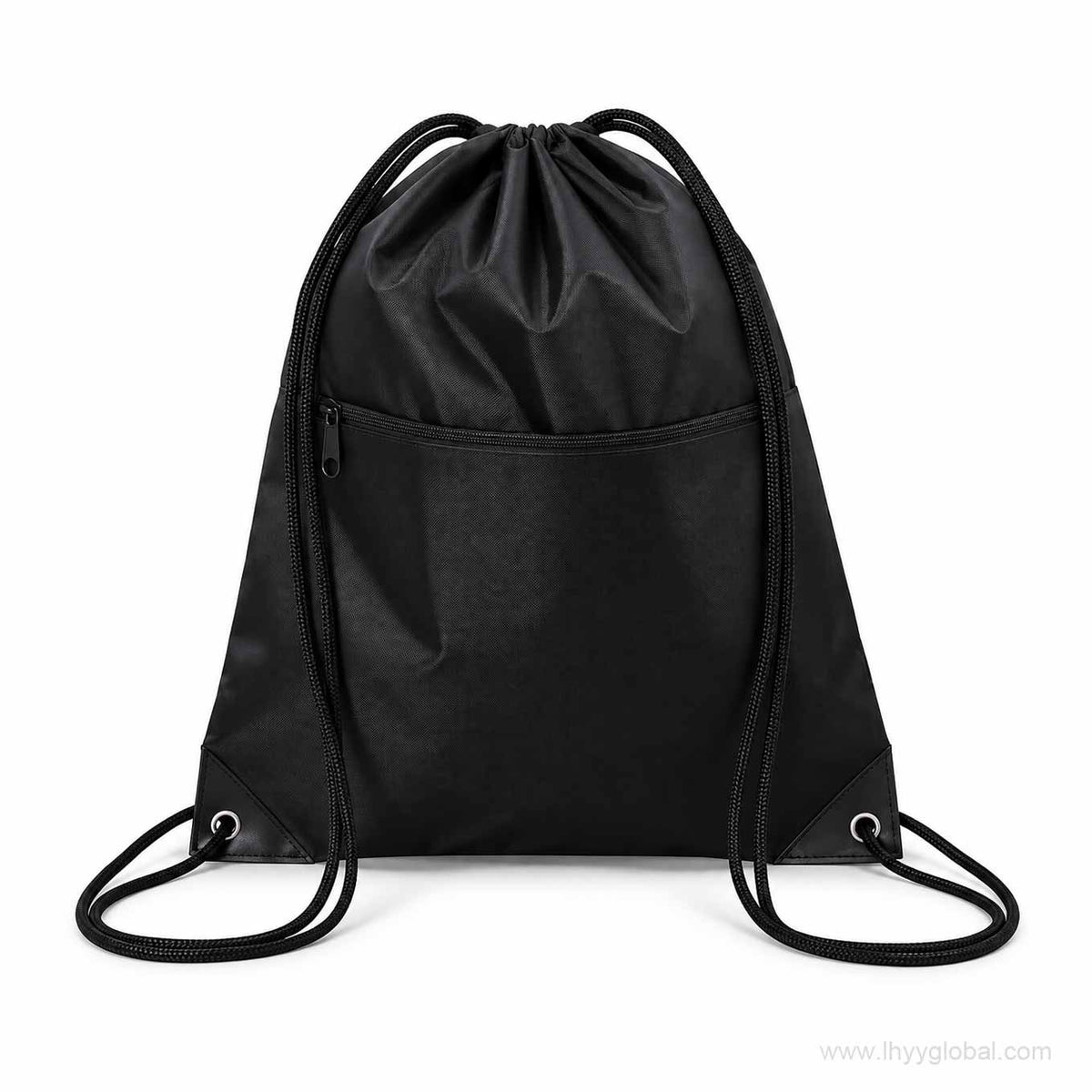 Custom black drawstring bag with front zipper pocket, black cords and reinforced corner eyelets