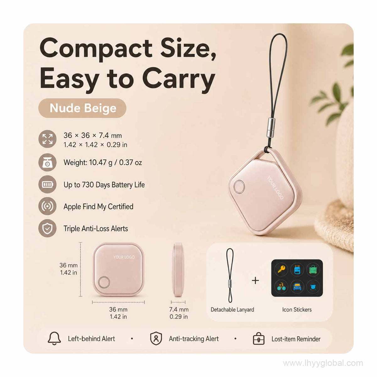 Mocha custom logo smart tracker showing 36 × 36 × 7.4 mm dimensions, 10.47 g weight and detachable lanyard