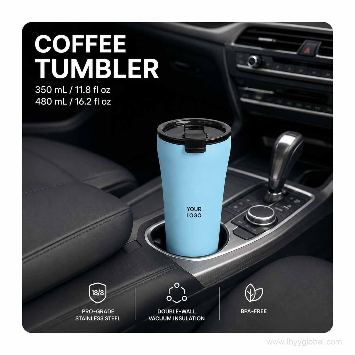 Blue custom logo insulated coffee tumbler in a car cup holder, available in 350 mL and 480 mL sizes.
