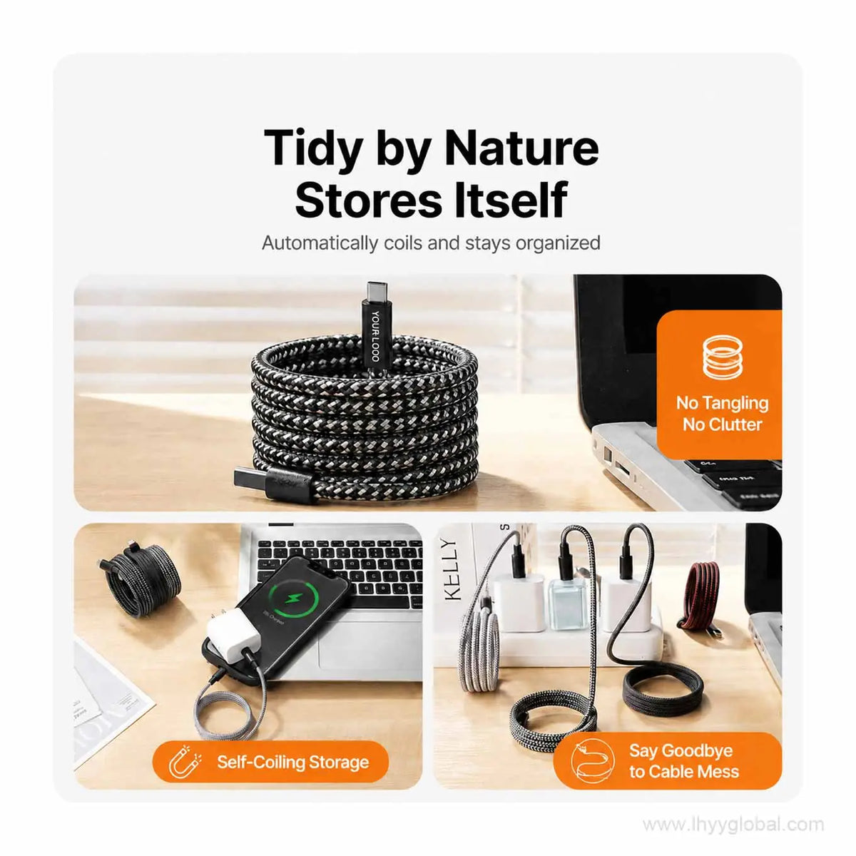 Magnetic self-coiling braided charging cable neatly organized on a desk beside a laptop and smartphone.