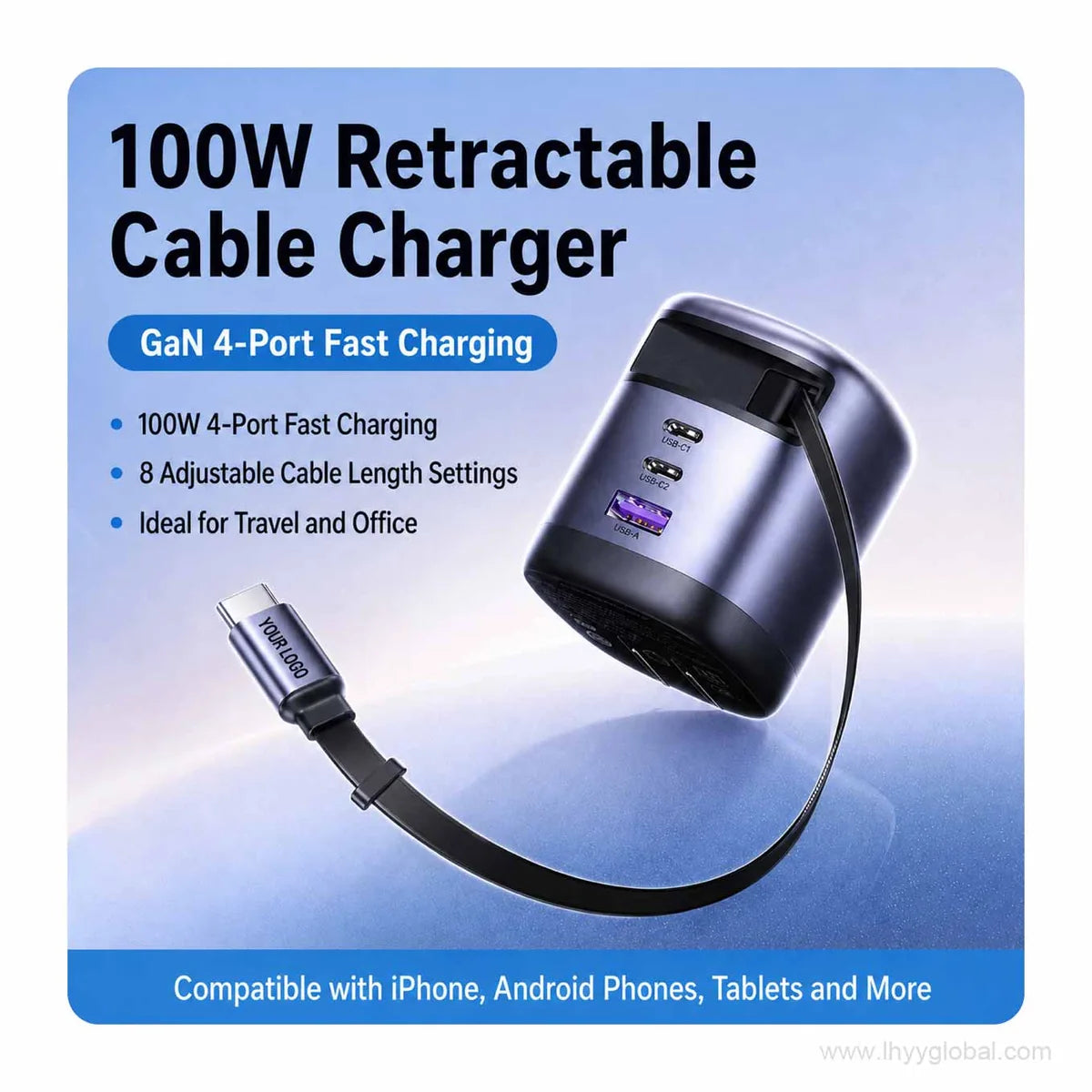 Custom logo 100W GaN charger with retractable USB-C cable and multi-port charging
