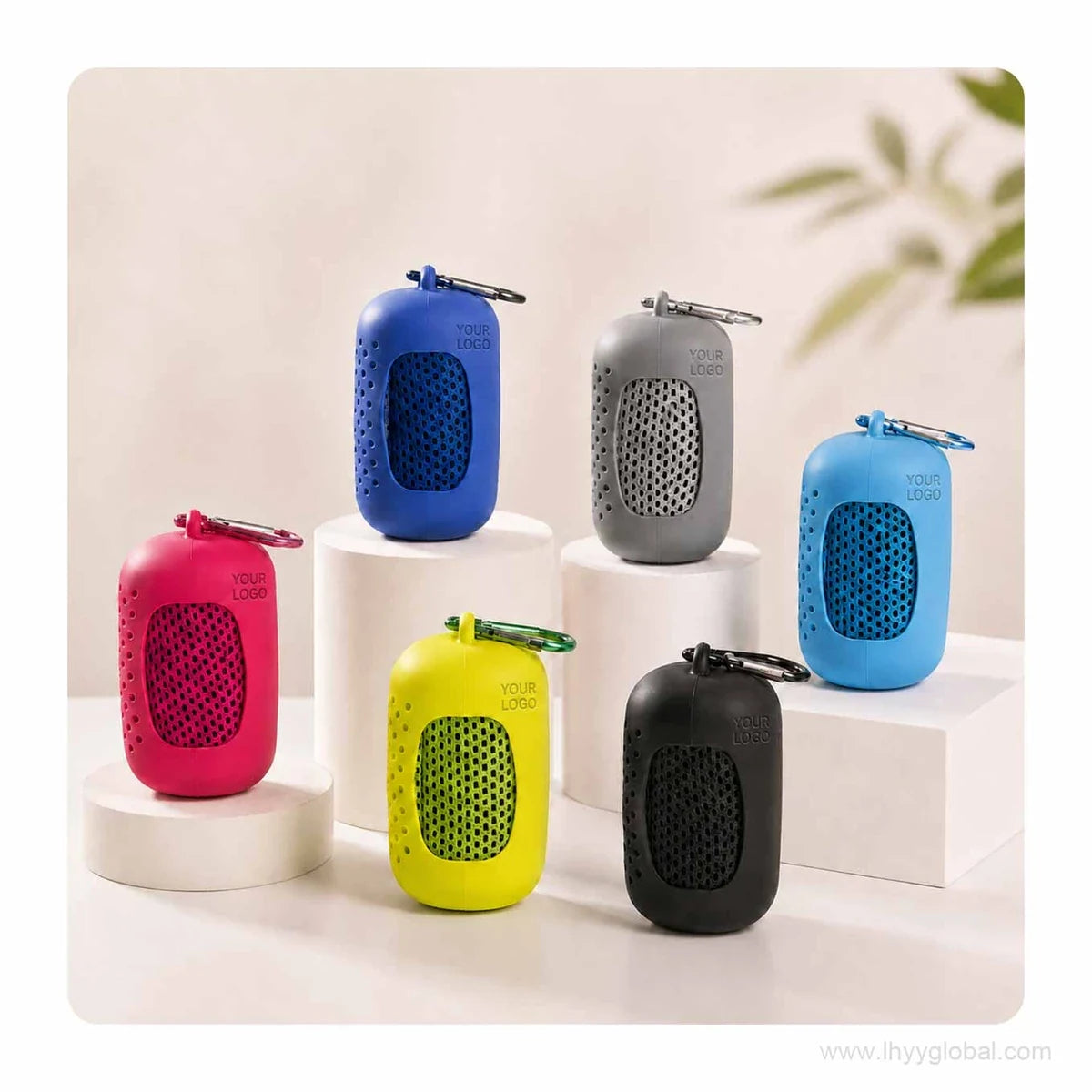 Sports cooling towels in multiple colors displayed with silicone cases and carabiners