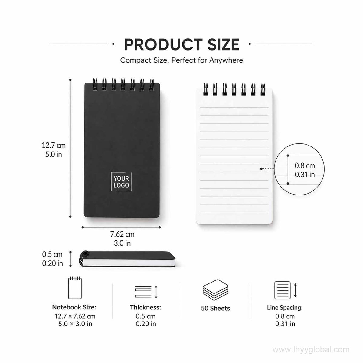 Product dimensions for 5 x 3 in pocket spiral notebook with 50 ruled sheets and 0.31 in line spacing.