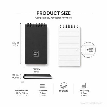 Product dimensions for 5 x 3 in pocket spiral notebook with 50 ruled sheets and 0.31 in line spacing.
