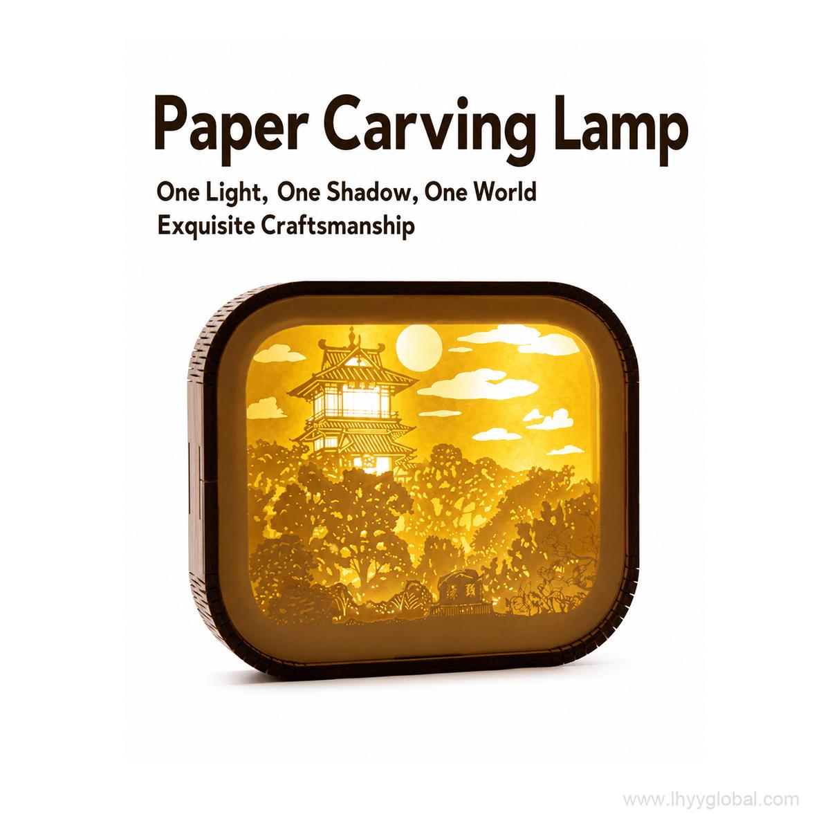 Custom paper carving LED shadow box lamp with pagoda landscape and warm LED illumination