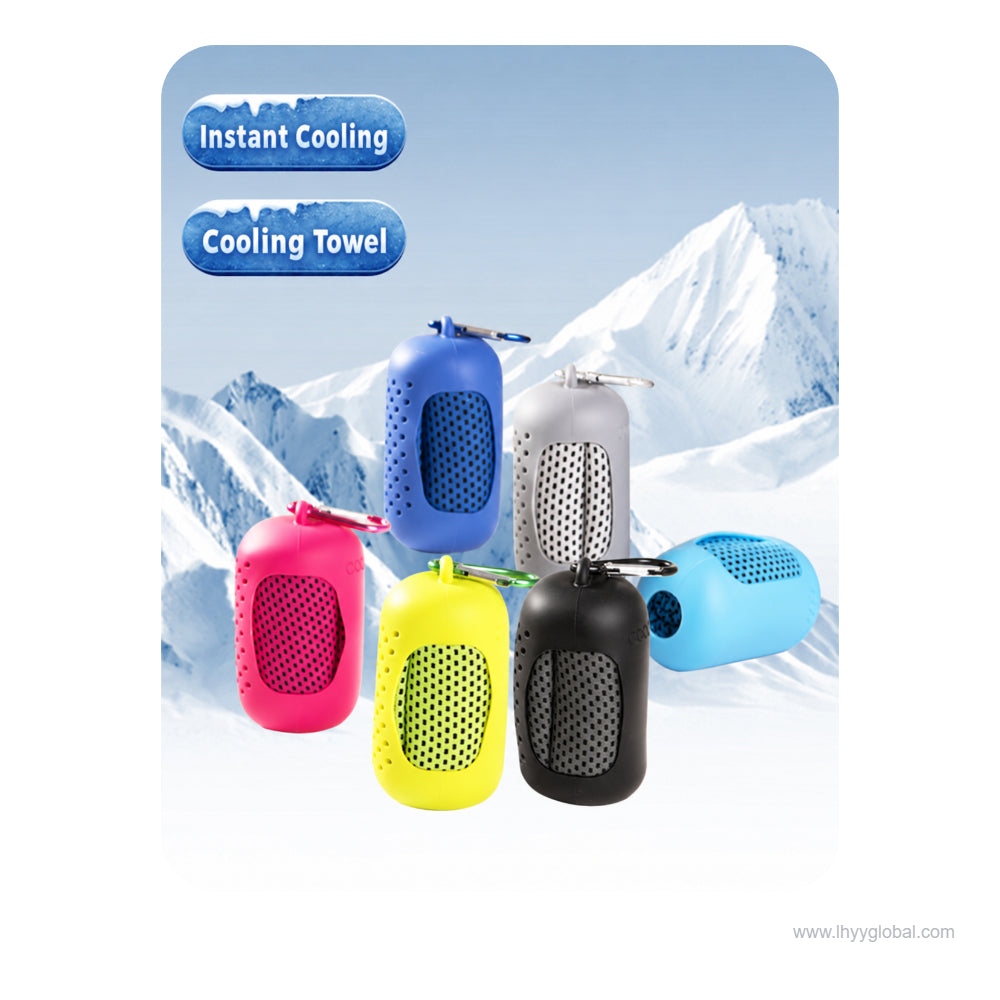 Portable cooling towel with storage case available in multiple colors for corporate promotional gifts