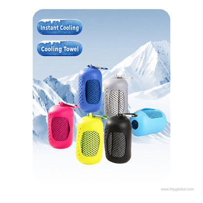 Portable cooling towel with storage case available in multiple colors for corporate promotional gifts