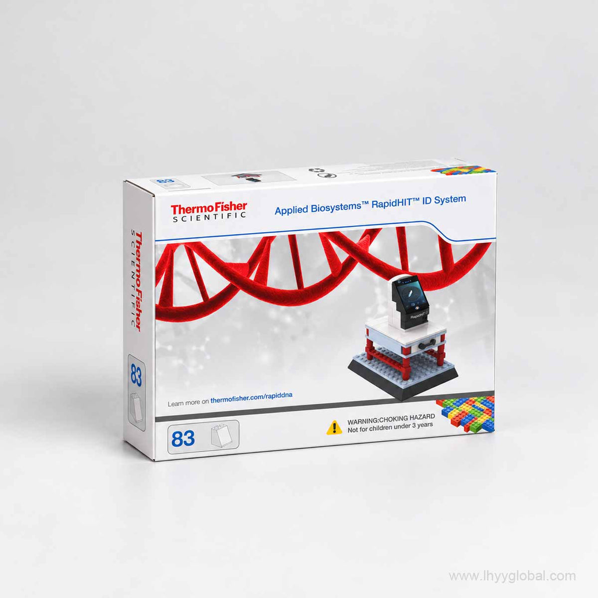 Applied Biosystems RapidHIT ID System 83-piece building block gift retail box with Thermo Fisher Scientific branding and DNA artwork