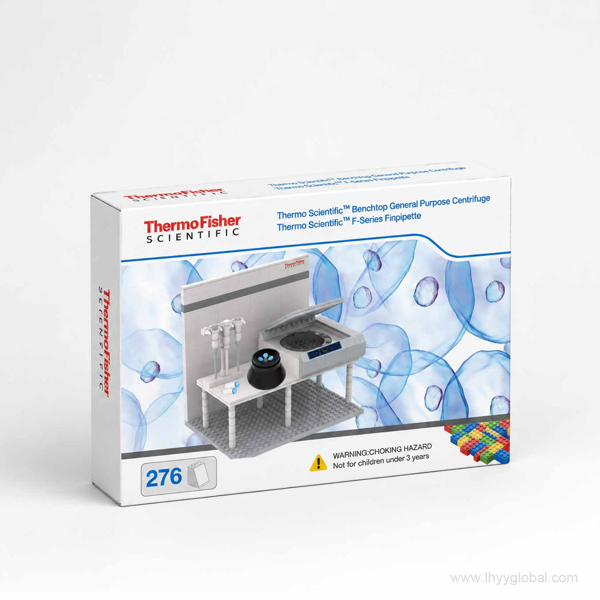 Thermo Scientific benchtop centrifuge and Finnpipette 276-piece building block gift set retail packaging