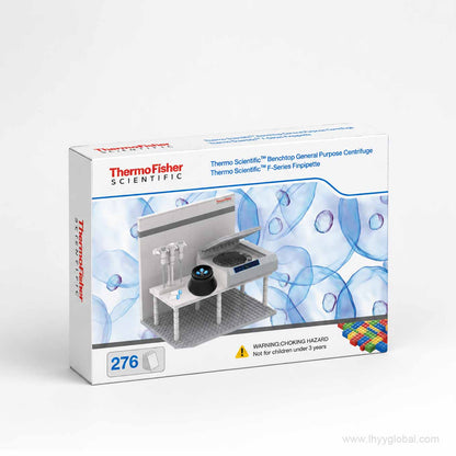 Thermo Scientific benchtop centrifuge and Finnpipette 276-piece building block gift set retail packaging