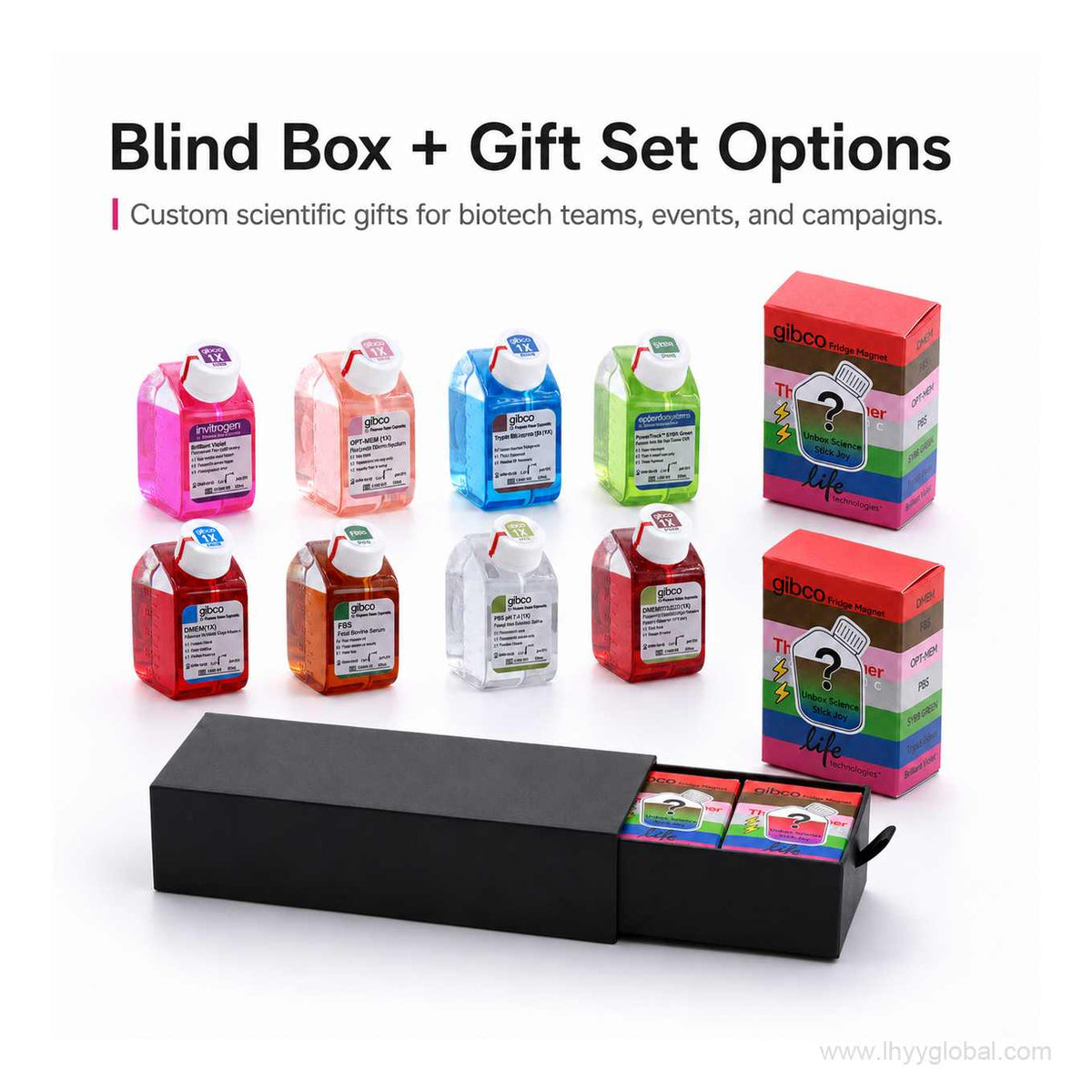 Blind box and gift set options for scientific fridge magnets, showing colorful bottle magnets, individual blind boxes, and a presentation gift box.