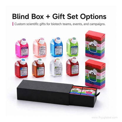 Blind box and gift set options for scientific fridge magnets, showing colorful bottle magnets, individual blind boxes, and a presentation gift box.