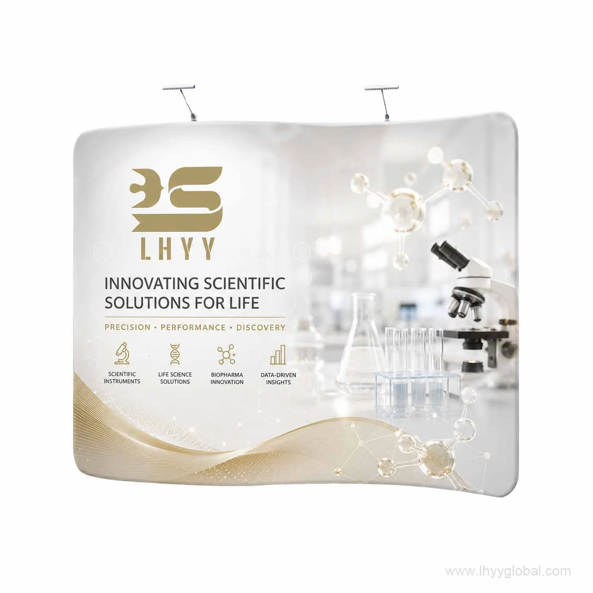Angled custom S-shaped tension fabric trade show backdrop with microscope and laboratory graphics