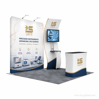 Rendered trade show booth display with branded fabric backwall, monitor mount, counter and overhead lights