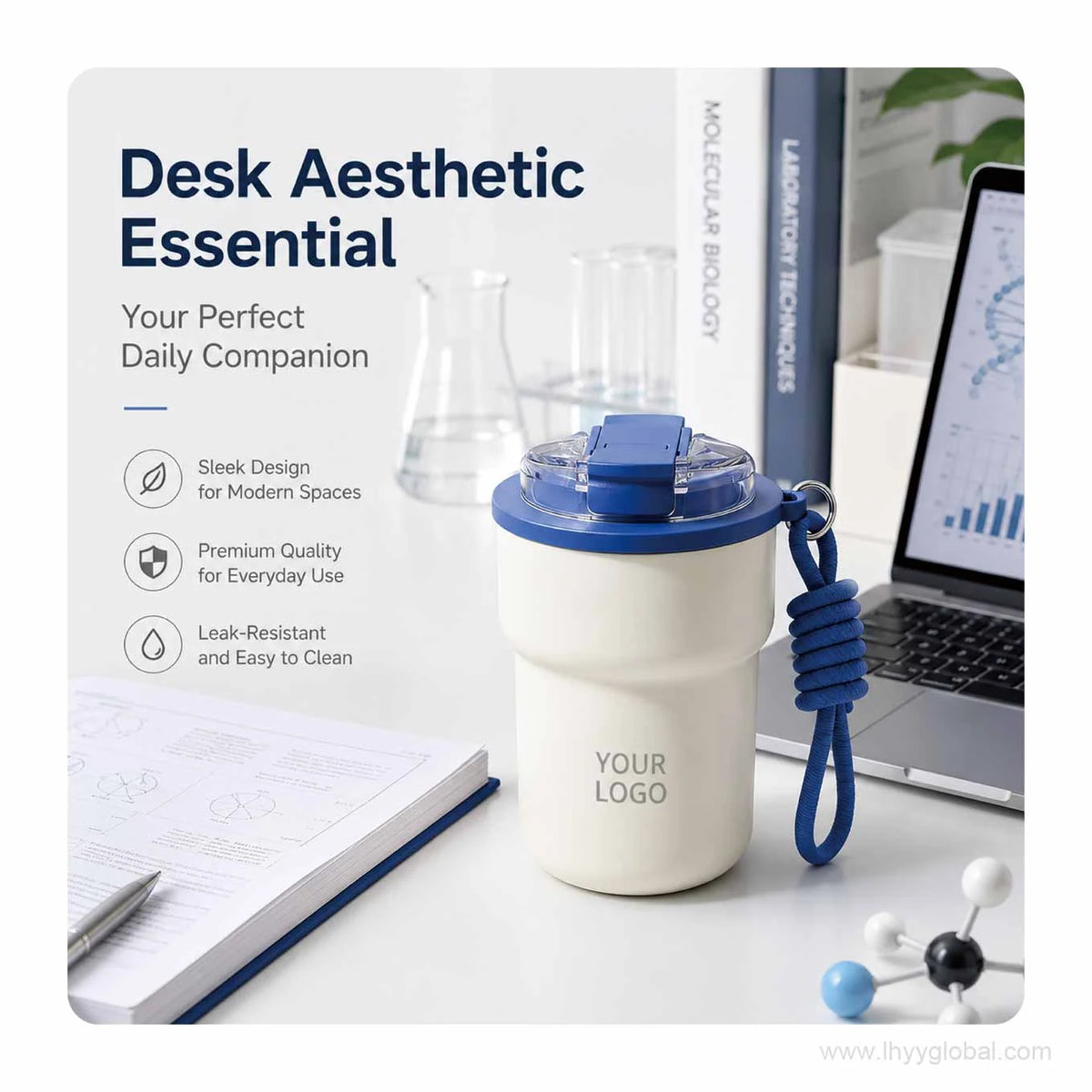 Custom logo 300 mL insulated coffee cup with blue 3-in-1 lid and carry strap on a modern office desk.
