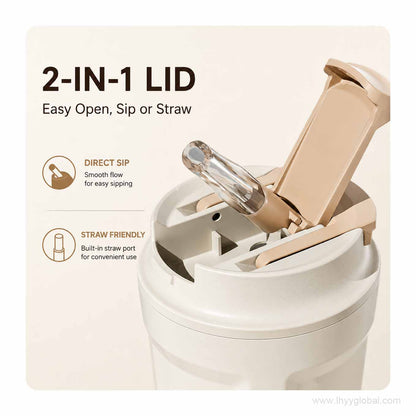 Close-up of the 340 mL coffee tumbler 2-in-1 lid showing a direct-sip opening and straw port.