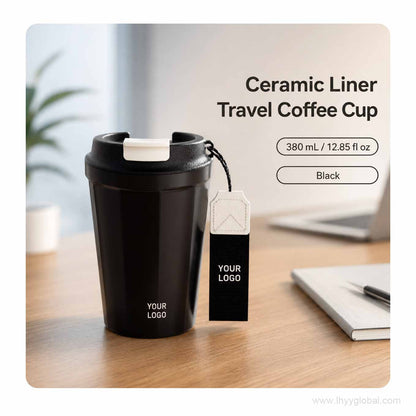 Custom logo 380 mL ceramic-lined stainless steel travel coffee cup in black.