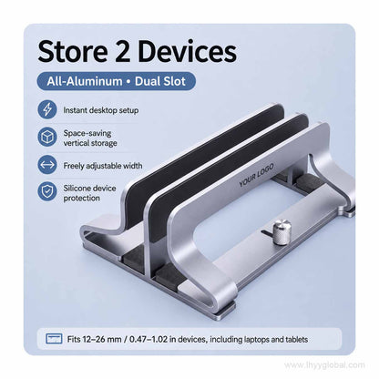 Custom logo adjustable aluminum vertical laptop stand in silver gray, dual-slot version for storing two devices