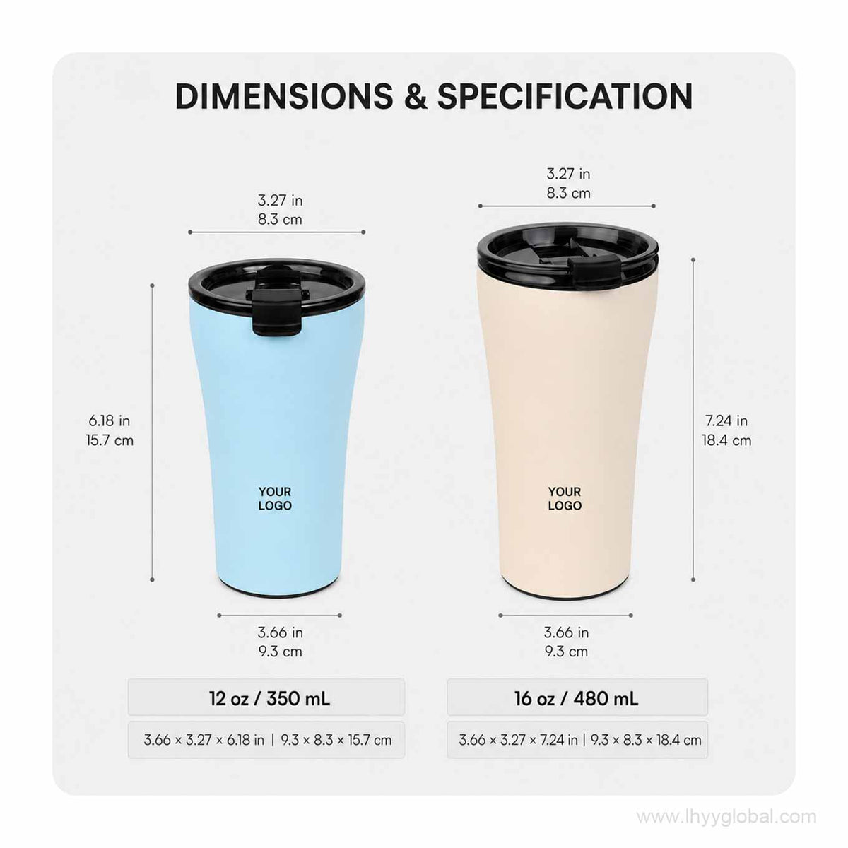 Dimensions of 350 mL and 480 mL insulated coffee tumblers with inch and centimeter measurements.