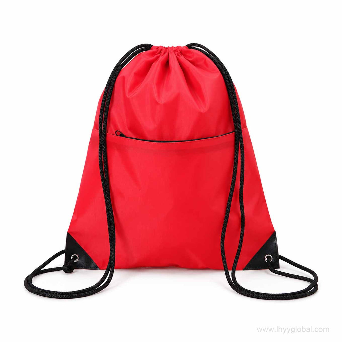 Custom red drawstring bag with front zipper pocket, black cords and reinforced corner eyelets