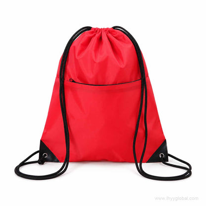 Custom red drawstring bag with front zipper pocket, black cords and reinforced corner eyelets