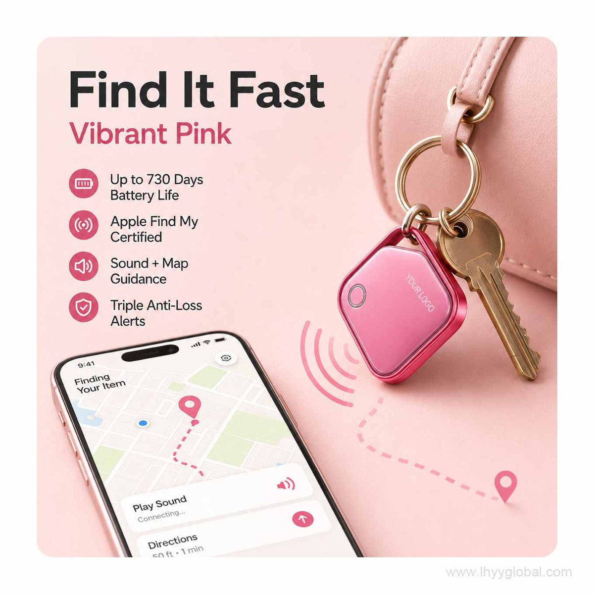 Pink custom logo smart tracker attached to keys and handbag for locating everyday belongings