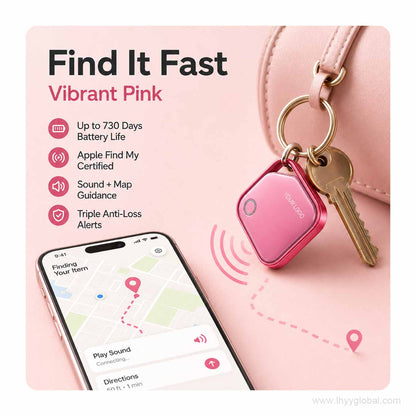 Pink custom logo smart tracker attached to keys and handbag for locating everyday belongings