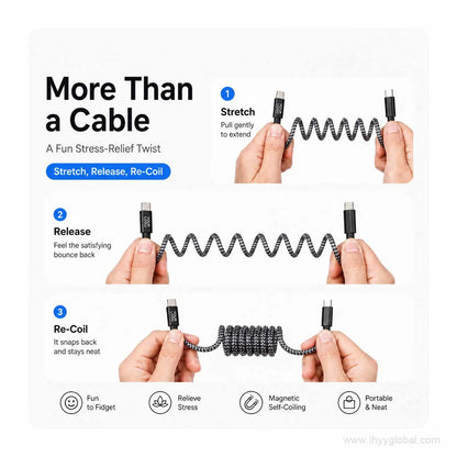 Magnetic self-coiling braided charging cable demonstrated by stretching, releasing and automatically re-coiling by hand.