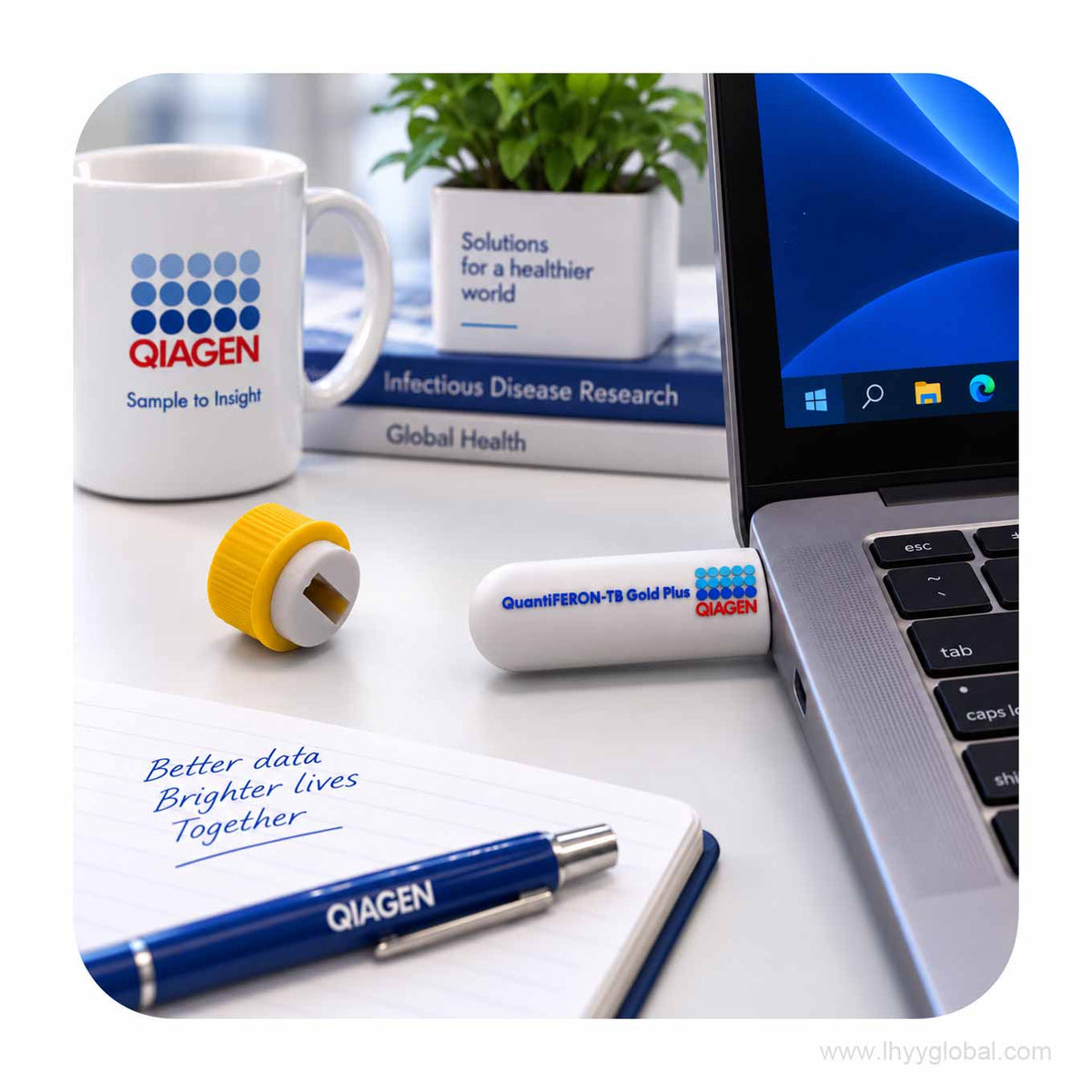 Custom QIAGEN USB flash drive shown in an illustrative biotech office use scene