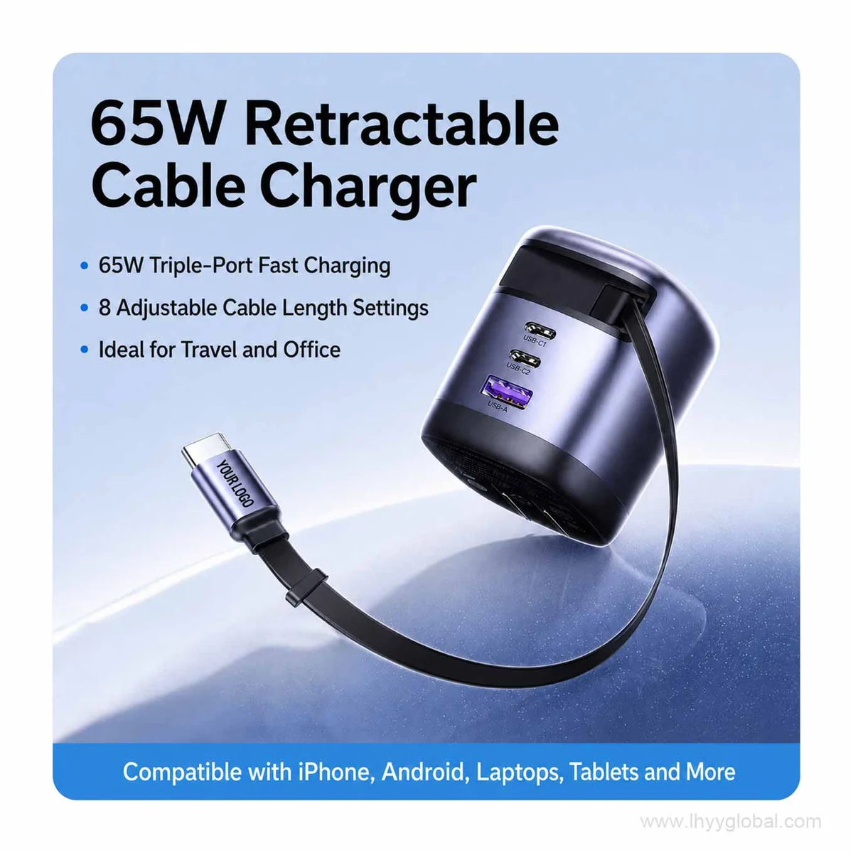 Gray 65W retractable USB-C GaN charger for travel and office use