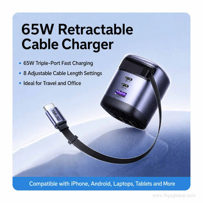 Gray 65W retractable USB-C GaN charger for travel and office use