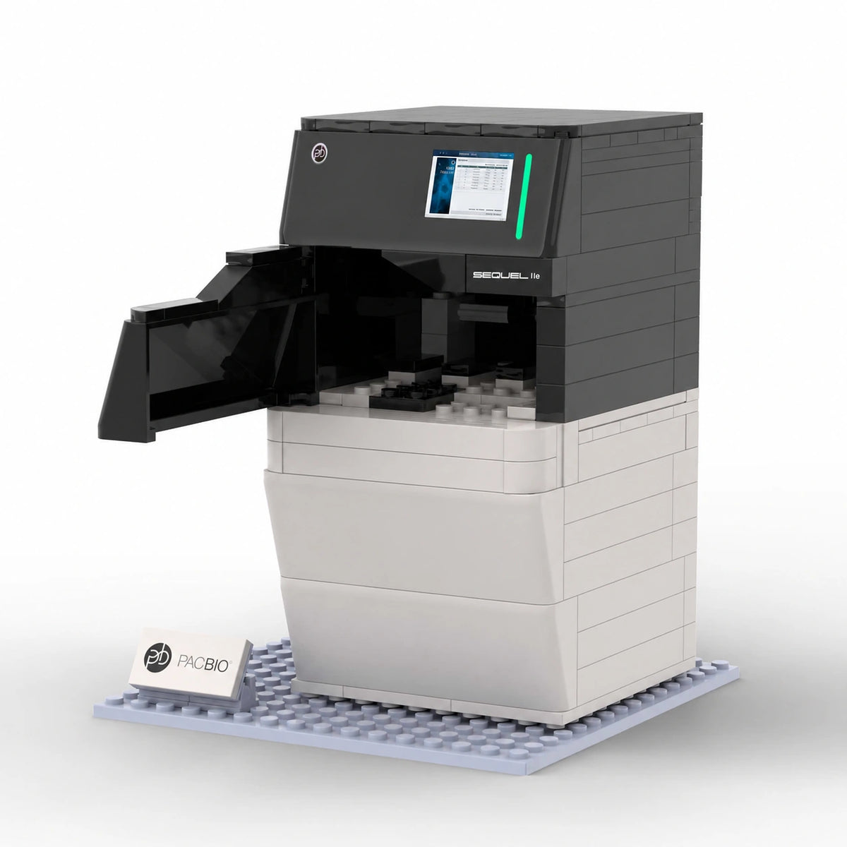 PacBio Sequel IIe building block model showing the open front door and illustrated screen panel