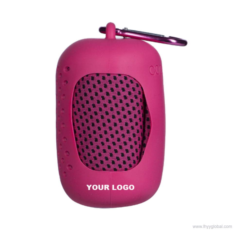 Pink portable cooling towel storage case with attached carrying clip
