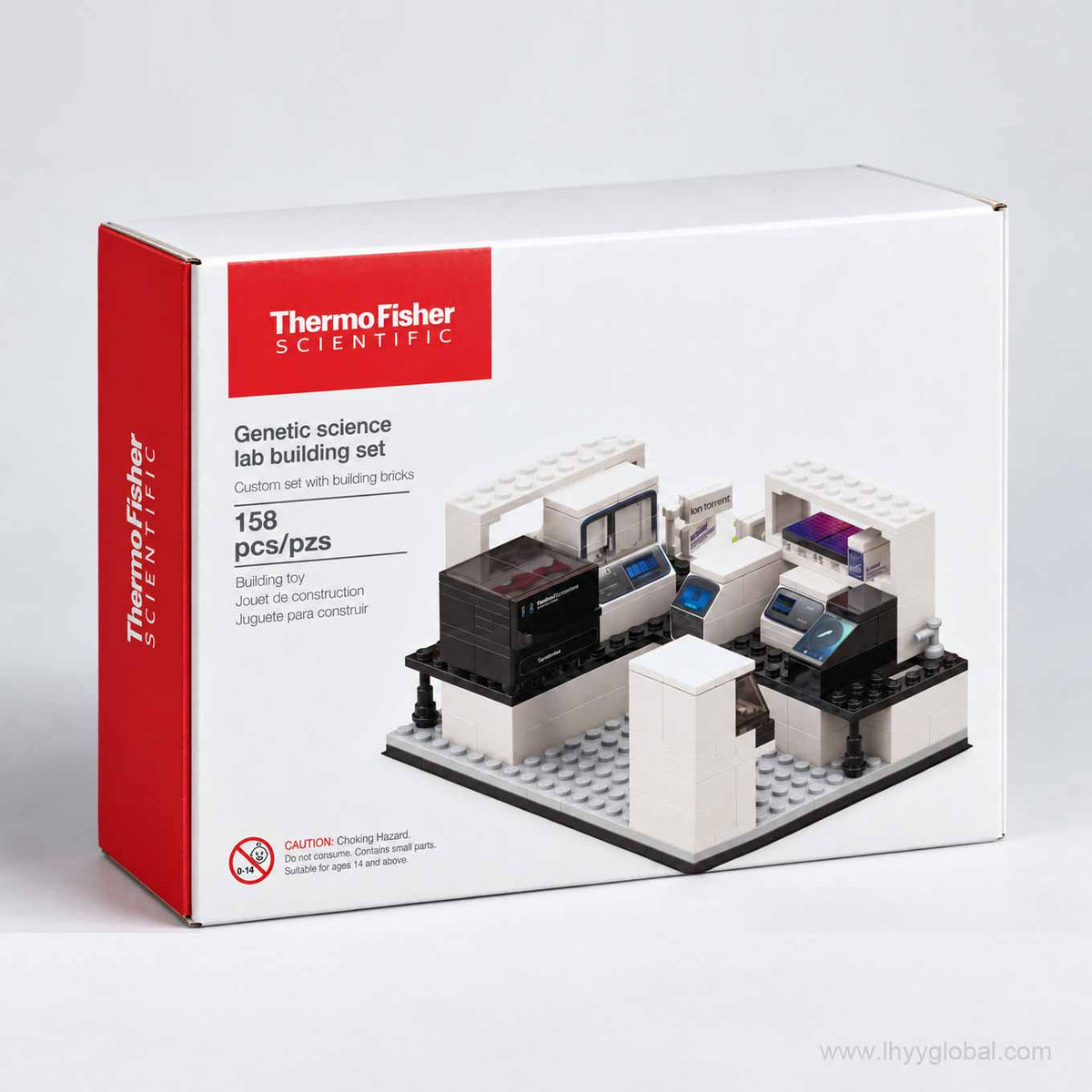 Retail packaging box for the Thermo Fisher Genetic Science Lab building set showing the 158-piece laboratory building block set