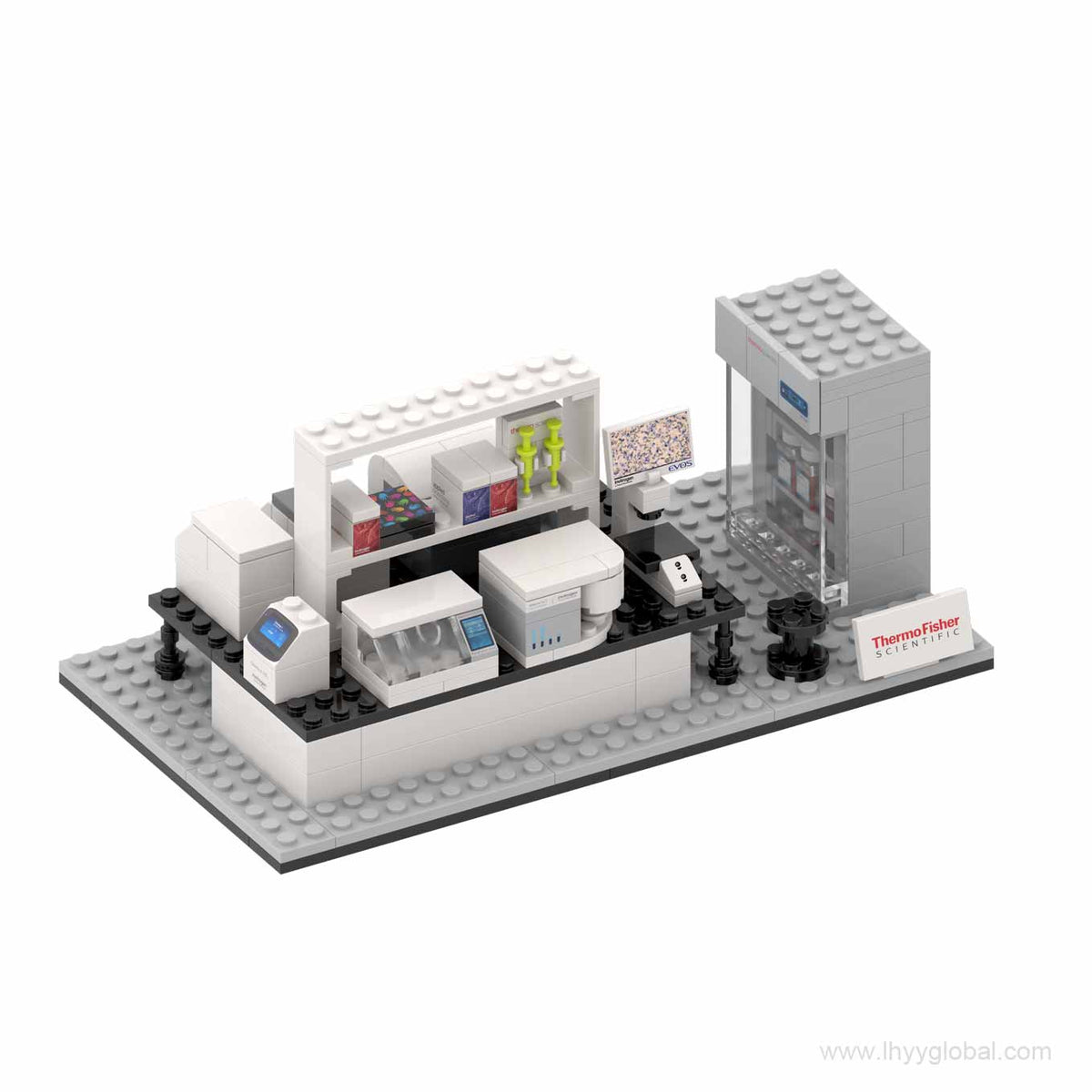 Detailed Thermo Fisher Scientific laboratory building block model display with miniature research equipment