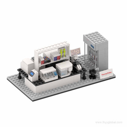 Detailed Thermo Fisher Scientific laboratory building block model display with miniature research equipment