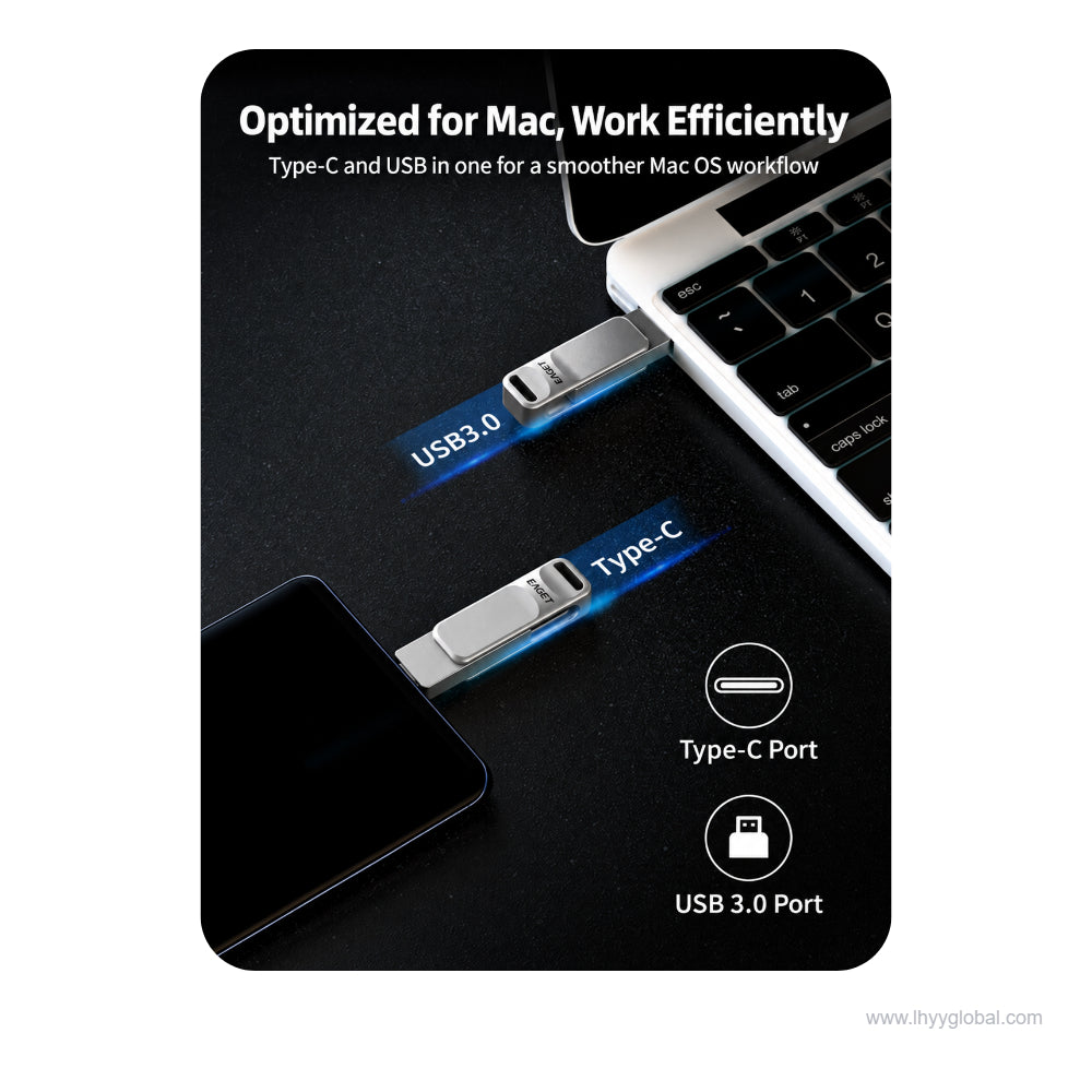 USB 3.0 dual USB-C and USB-A flash drive used with a compatible smartphone and computer