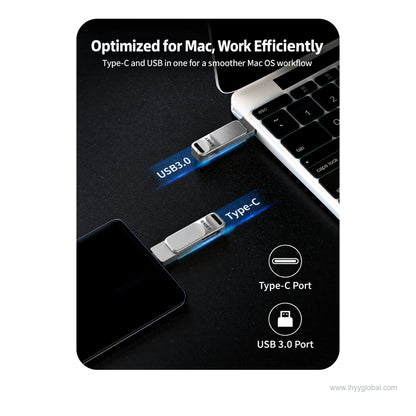 USB 3.0 dual USB-C and USB-A flash drive used with a compatible smartphone and computer