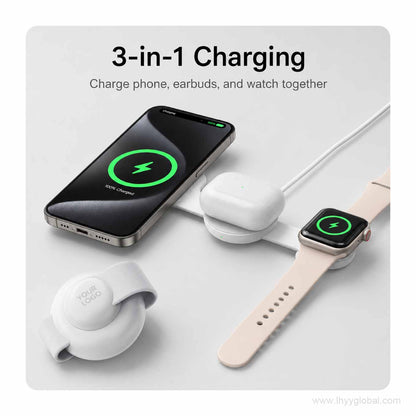 3-in-1 magnetic wireless charger charging phone, earbuds and smartwatch simultaneously