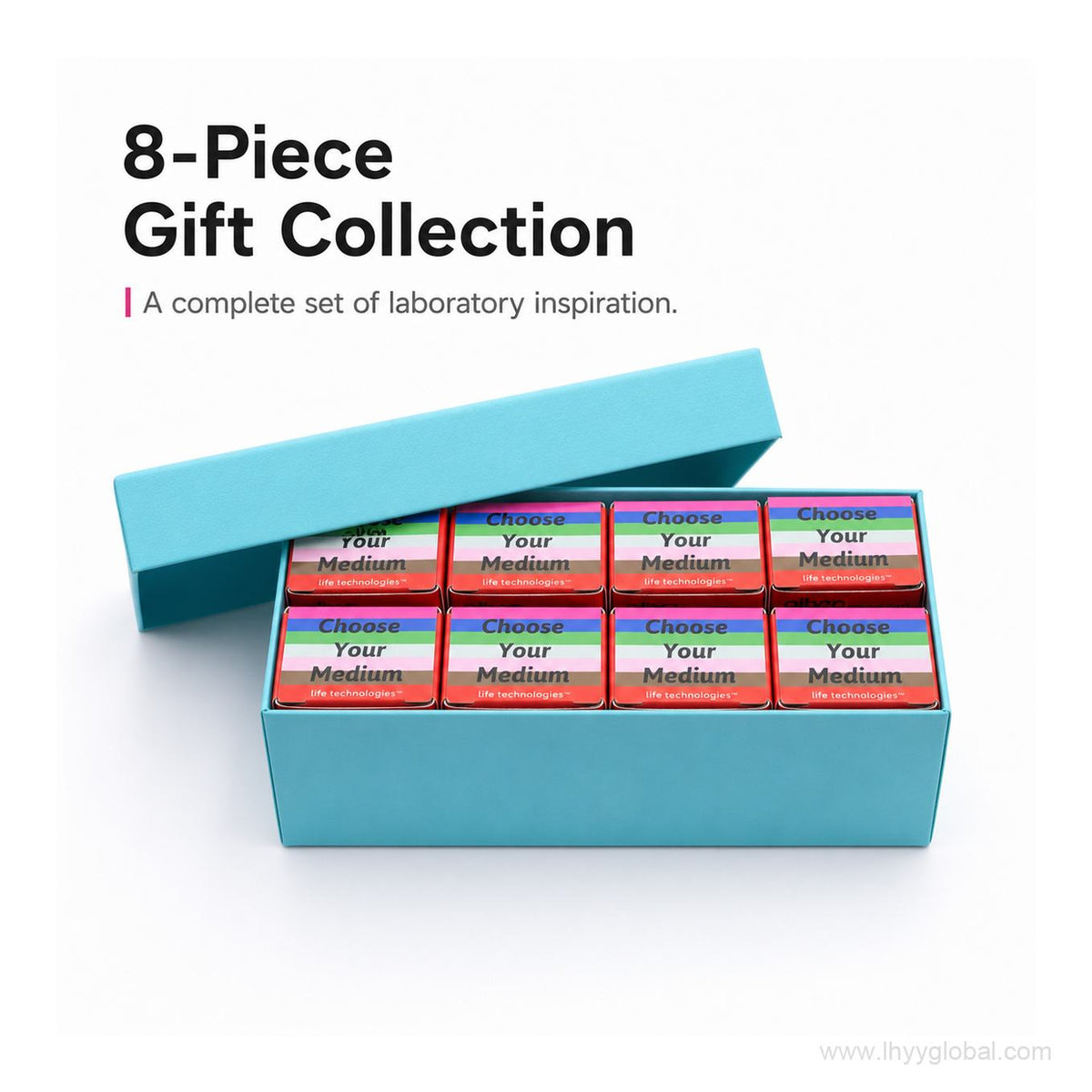 Eight-piece gift collection of scientific blind box magnets presented in a light blue box.