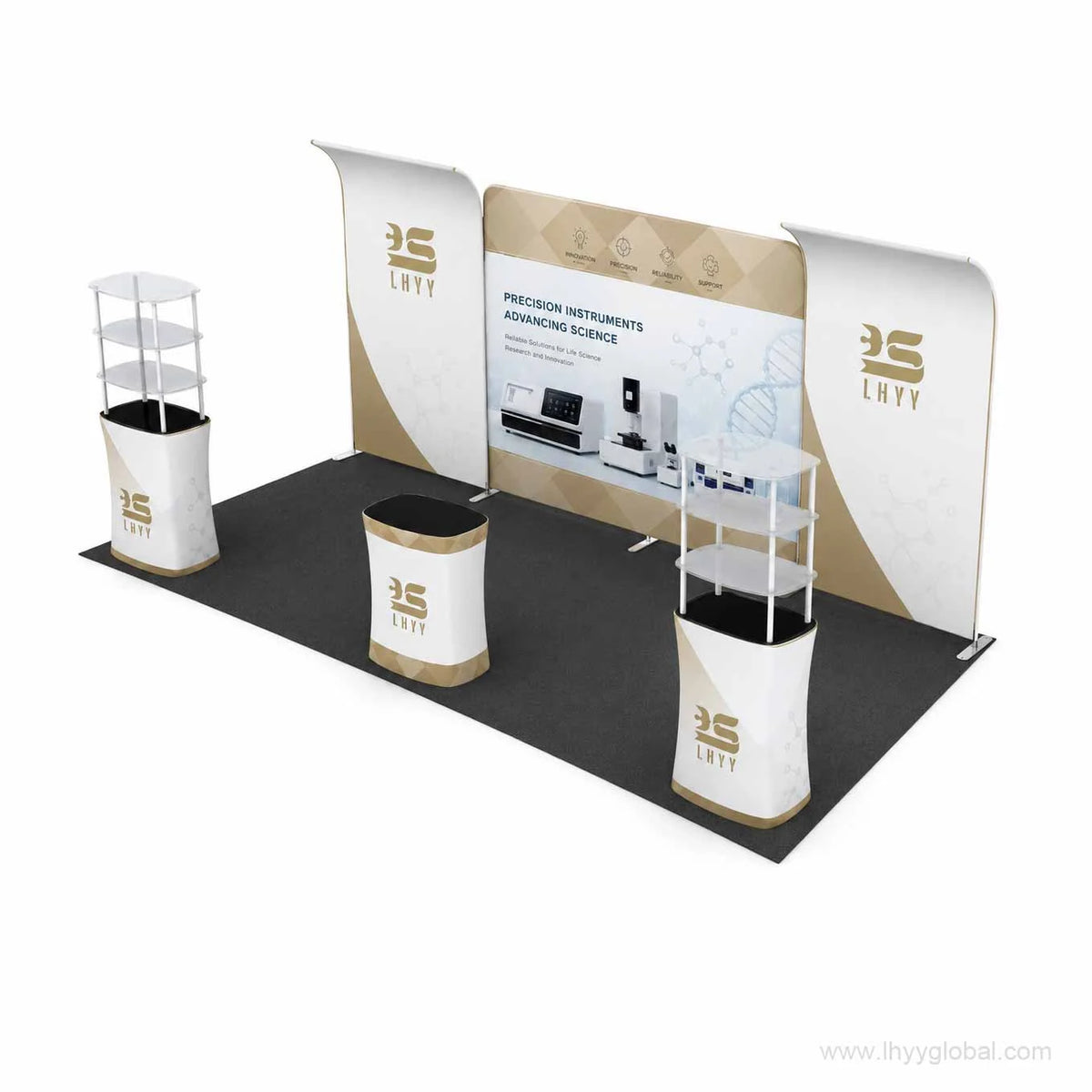 Rendered custom trade show booth layout with central graphic backwall, curved side panels, display shelving and branded counters