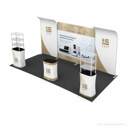 Rendered custom trade show booth layout with central graphic backwall, curved side panels, display shelving and branded counters