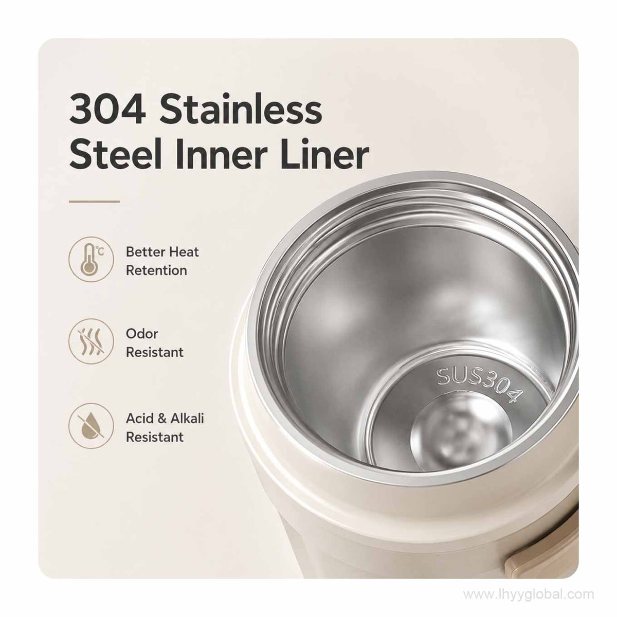 Close-up of the coffee tumbler interior marked SUS304 with a stainless steel inner liner.