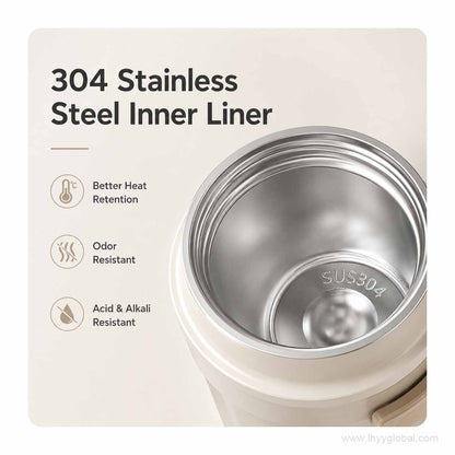 Close-up of the coffee tumbler interior marked SUS304 with a stainless steel inner liner.