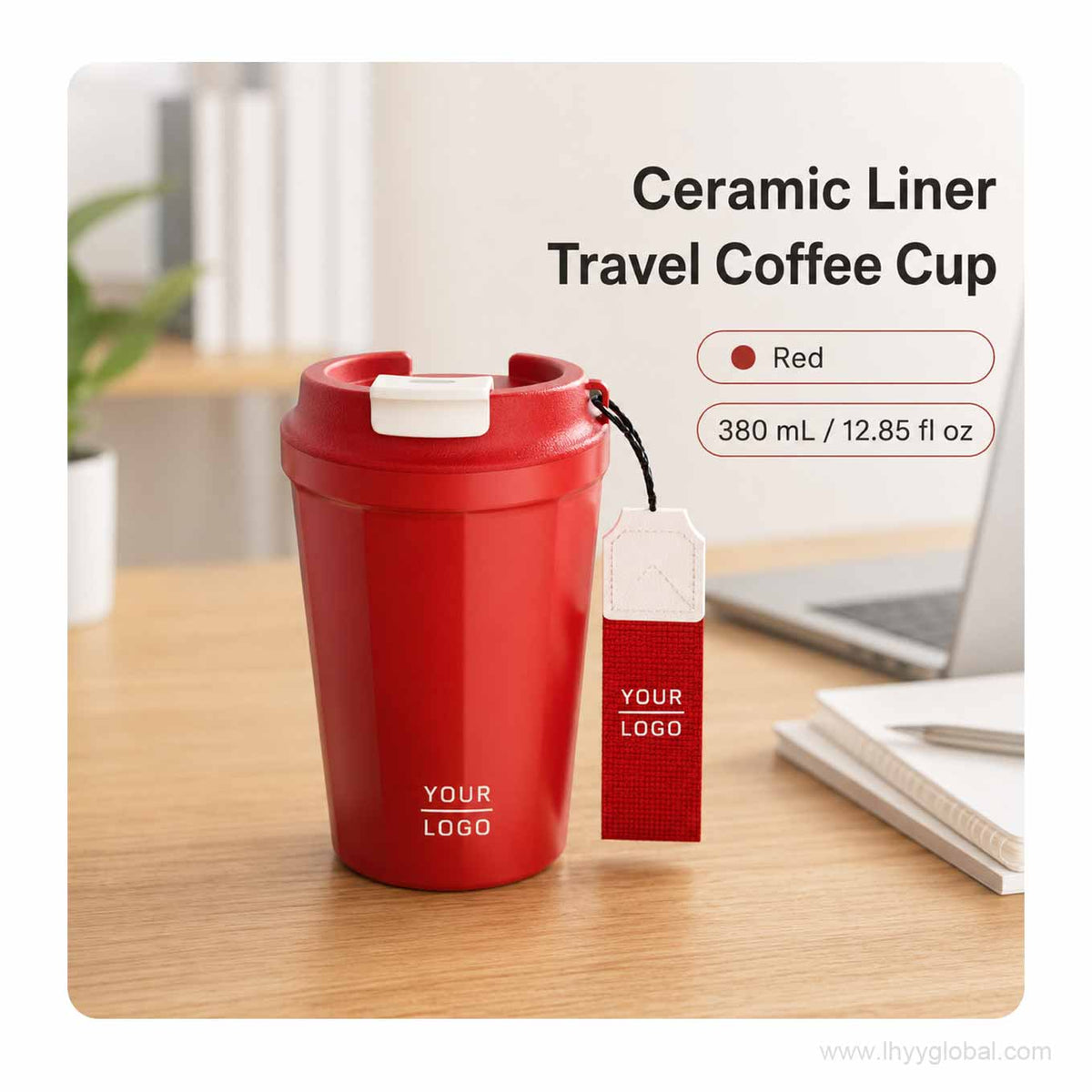 Custom logo 380 mL ceramic-lined stainless steel travel coffee cup in red.